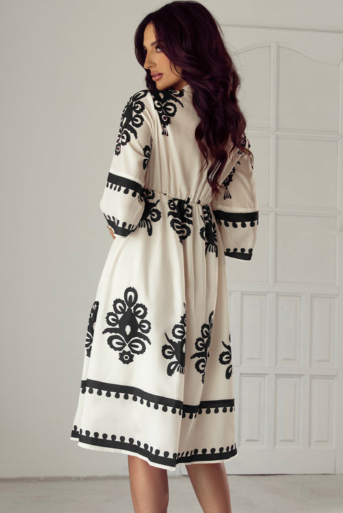 Beige Western Geometric Print 3/4 Sleeve Loose Midi