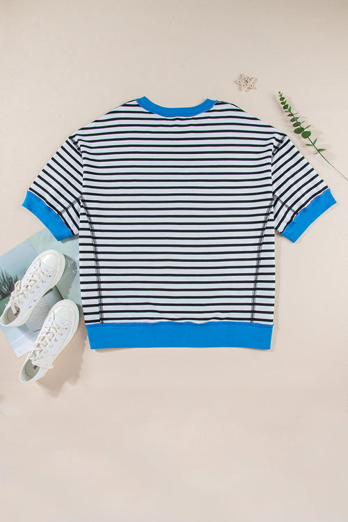 Sky Blue Stripe Contrast Drop Sleeve Loose