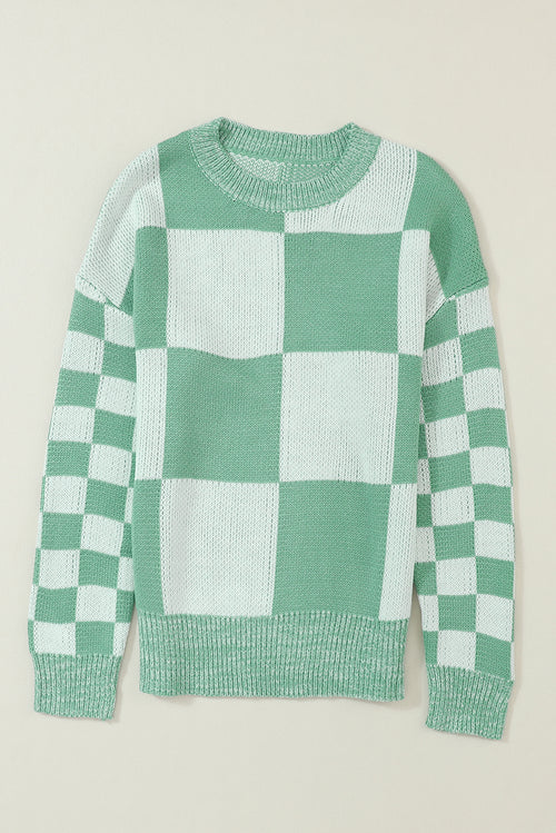 Mint Green Plaid Knitted Drop Shoulder Sweater