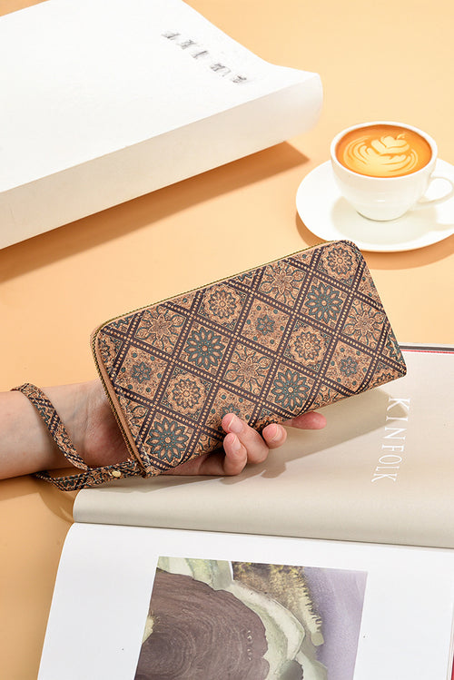 Brown Checkered Ethnic Floral Print Wristlet PU Leather Wallet