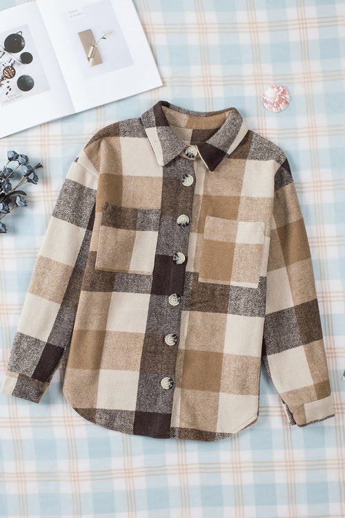 Grey Plaid Color Block Pockets Buttoned