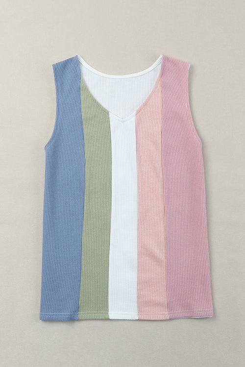 Multicolor Color Block Casual V Neck Waffle Knit Tank Top