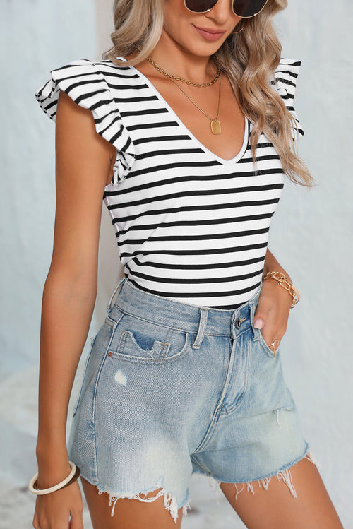 White Stripe V Neck Knotted Backless Ruffle