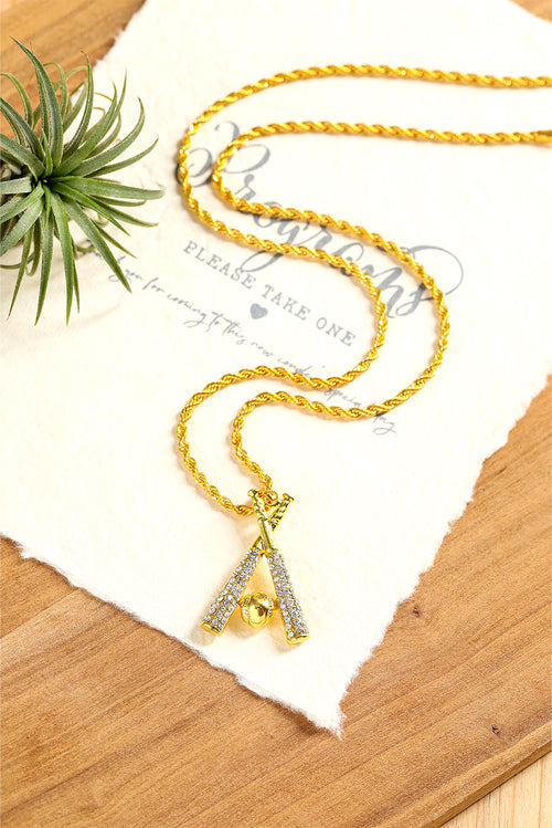 Gold Rhinestone Baseball Bat Pendant Necklace