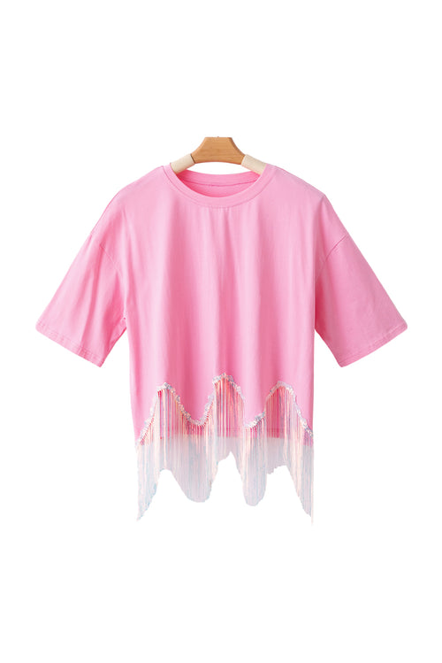 Pink Casual Fringe Sequin Hem Cropped