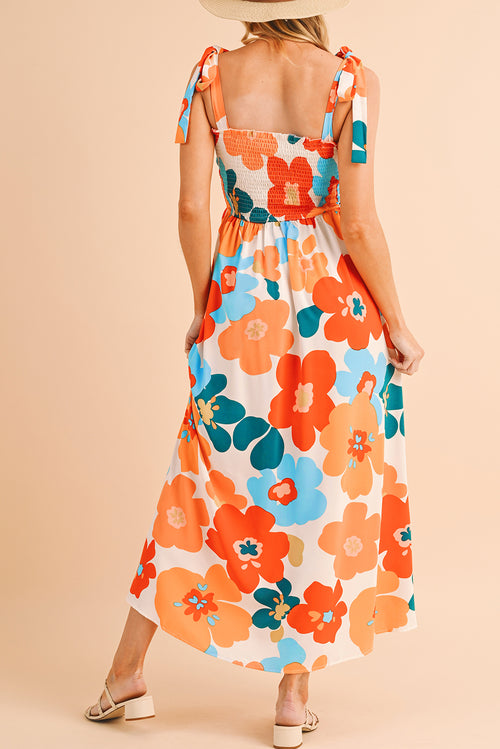 Orange 60s Floral Printed Shoulder Tie Smocked Maxi Dress