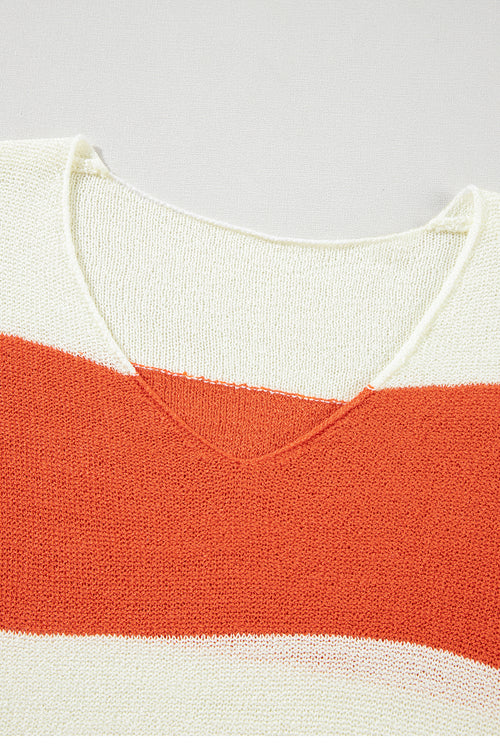 Orange Colorblock V Neck Side Slits Sweater