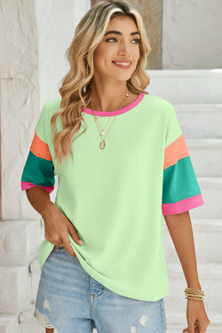 Green Color Block Sleeve Round Neck Oversize