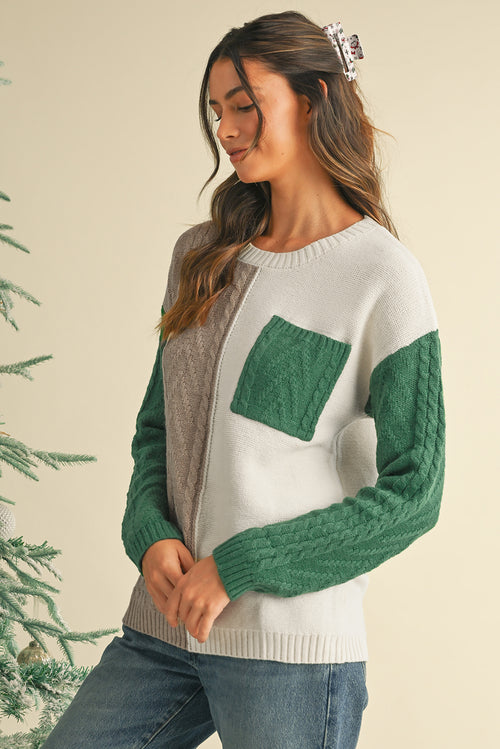 Vineyard Green Colorblock Pocket Drop Shoulder Sweater