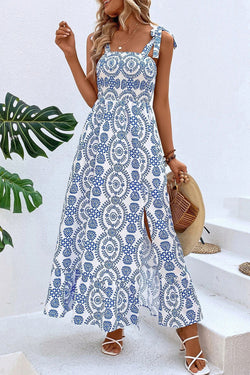 Blue Ethnic Print Side Split Sleeveless Maxi Dress