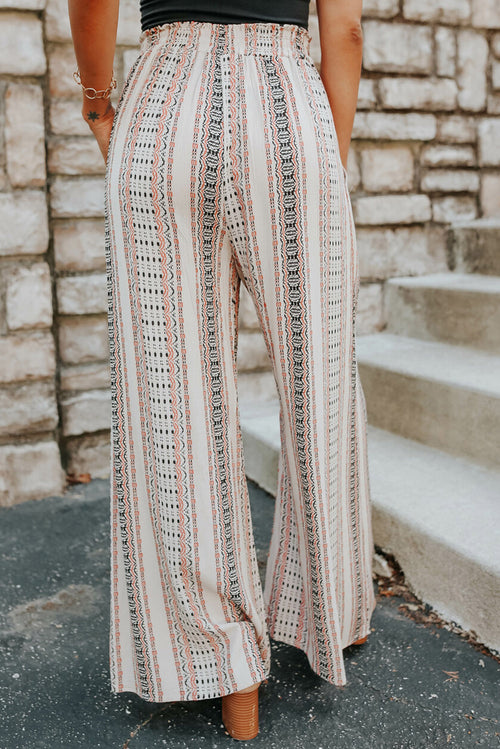 Beige Geometric Print Casual Shirred Wide Leg Pants