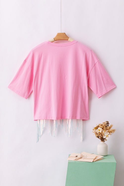 Pink Casual Fringe Sequin Hem Cropped