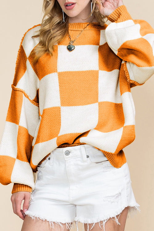 Green Checkered Bishop Sleeve Pullover Sweater