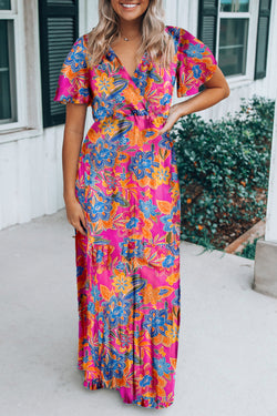 Print V Neck Short Sleeve Maxi Wrap