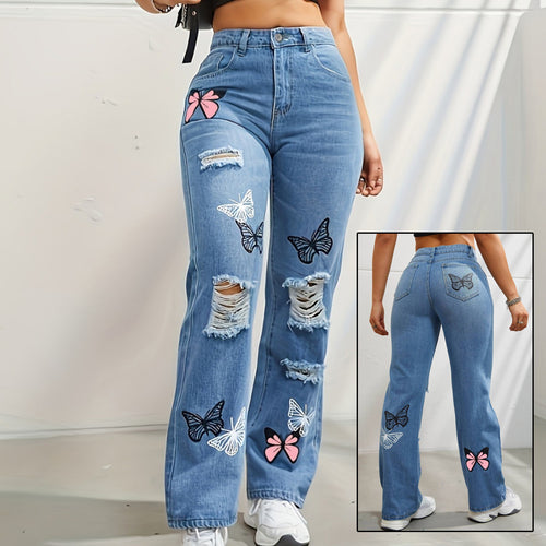 High Waisted Straight Leg Trendy Butterfly Print Ripped