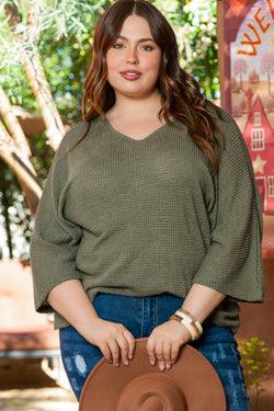 Jungle Green Plus Size V Neck Textured Knit Dolman Top