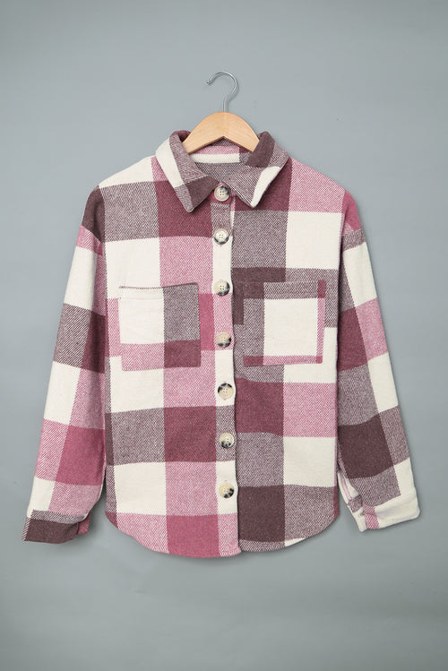 Grey Plaid Color Block Pockets Buttoned