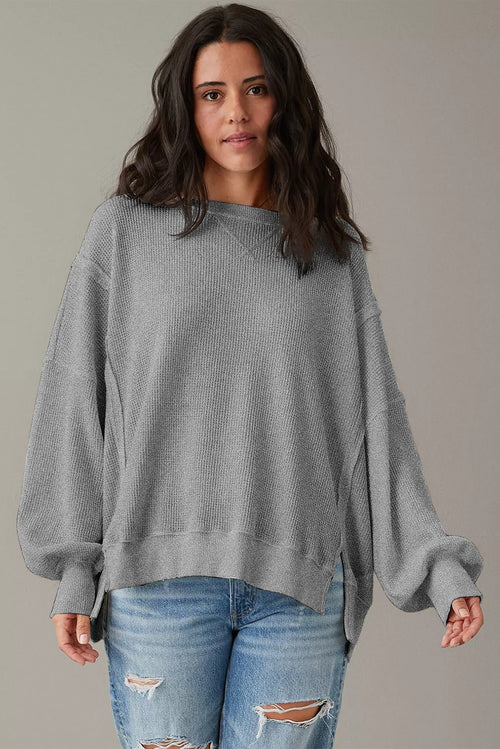 Gray Knit Bishop Sleeve Split Oversized Sweatshirt