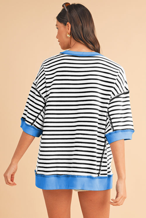 Sky Blue Stripe Contrast Drop Sleeve Loose