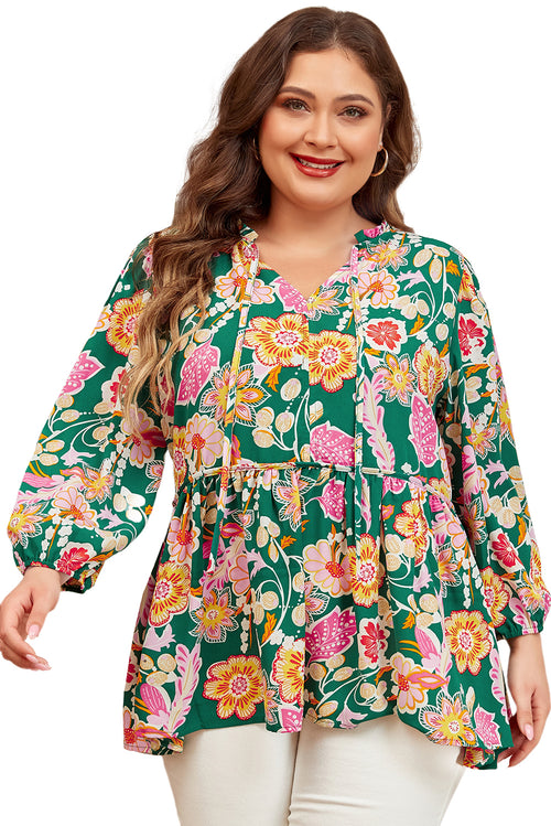 Green Floral Tied V Neck Long Sleeve