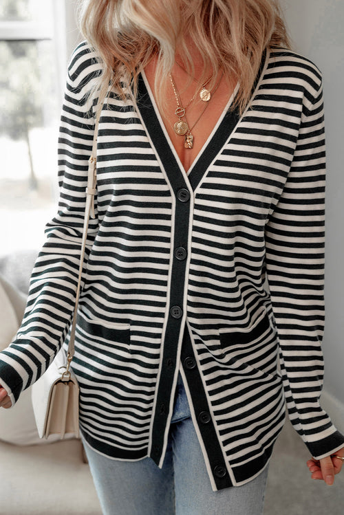 Black Striped Pocketed Button Long Cardigan