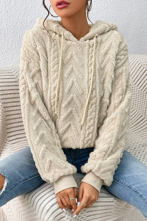 Beige Textured Drawstring Drop Shoulder Hooded Sweatshirt