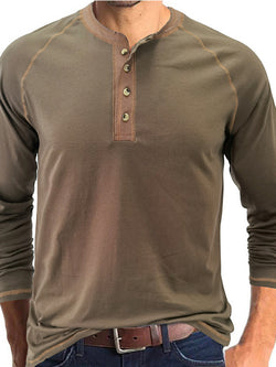 Men's T-Shirt Solid Color Button Colorblock Long Sleeve