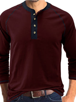 Men's T-Shirt Solid Color Button Colorblock Long Sleeve