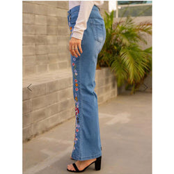 Women Jeans Embroidered Slim Fit Slimming Washed Bell-Bottom Pants Jeans for Women