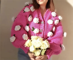 Herfst Winter elegante handgemaakte schattige bloemen trui jas vrouwelijk