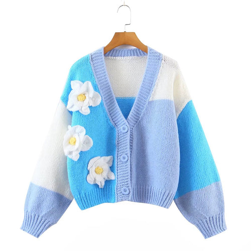 Romantic Retro Handmade Small  Loose  Cute Floral Sweater Coat Casual Women Clothing Spring Autumn V neck Knitted Cardigan