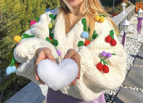 Sweet  Color Small Contrast Color V-neck Sweater Girly Style Loose Knitted Cardigan Sweet Cute Cherry Pattern