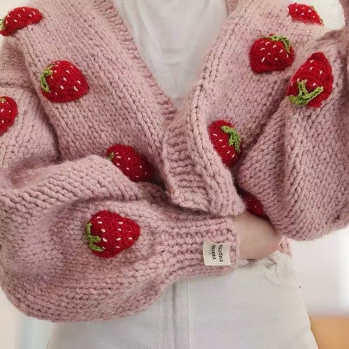 Autumn Two Color Handmade Three Dimensional Strawberry Sweater Contrast Color Cardigan