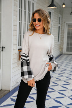 Autumn Style Women Bottoming Shirt round Neck Plaid Blocks Sweater Small Shirt