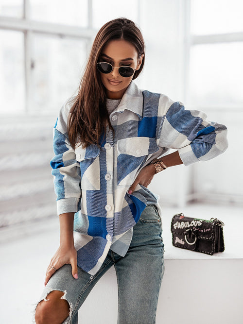 Autumn Winter Women Clothing Color Plaid Shirt Brushed Woolen Coat