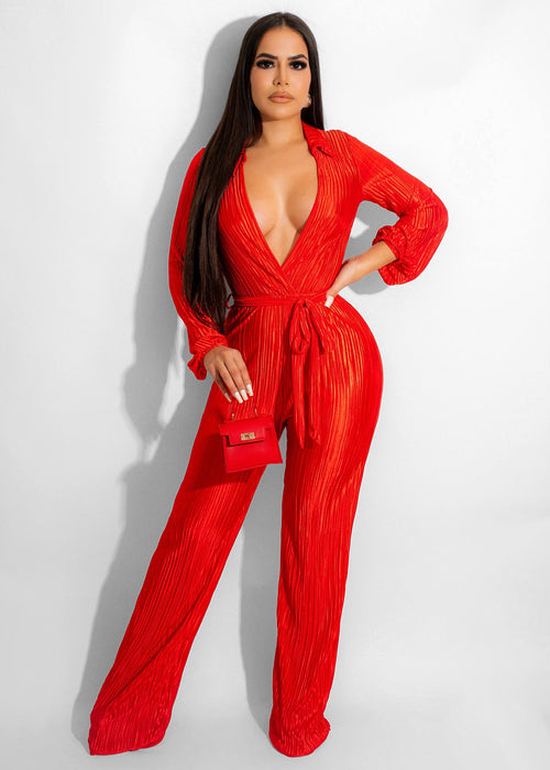 Autumn Winter Low Cut Sexy Lapel Long Sleeve Draping Pleated Jumpsuit