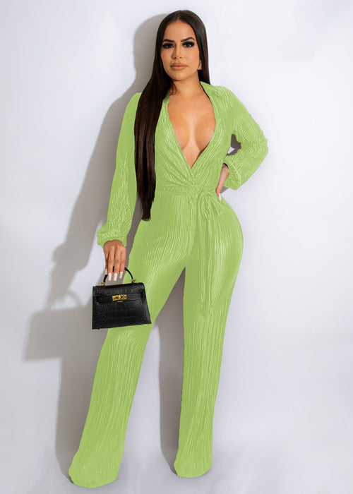 Autumn Winter Low Cut Sexy Lapel Long Sleeve Draping Pleated Jumpsuit