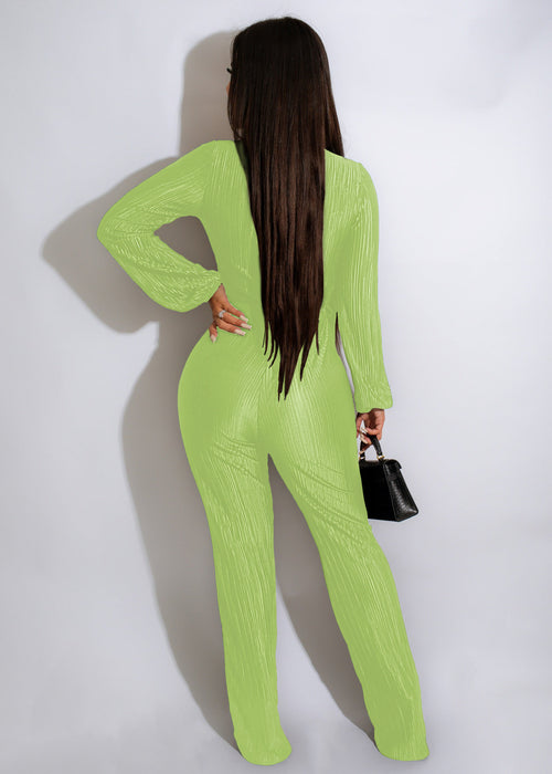 Autumn Winter Low Cut Sexy Lapel Long Sleeve Draping Pleated Jumpsuit