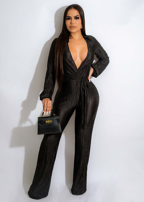 Autumn Winter Low Cut Sexy Lapel Long Sleeve Draping Pleated Jumpsuit