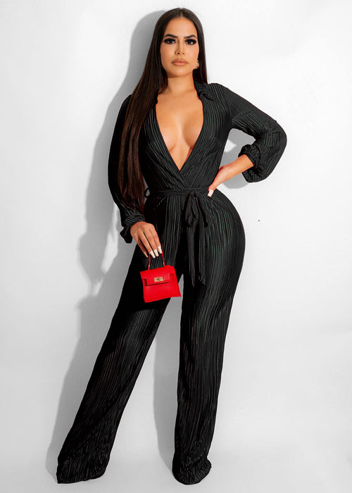 Autumn Winter Low Cut Sexy Lapel Long Sleeve Draping Pleated Jumpsuit