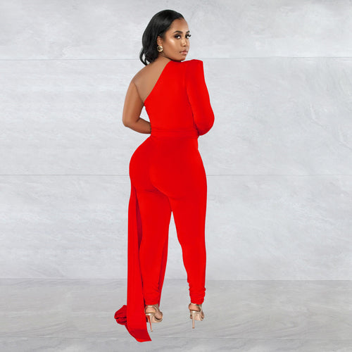 Women Wear Solid Color Shoulder Cloak One Shoulder Long Sleeve Trousers Jumpsuit