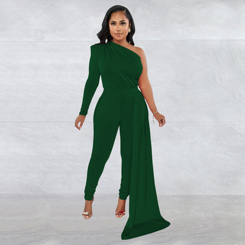 Women Wear Solid Color Shoulder Cloak One Shoulder Long Sleeve Trousers Jumpsuit