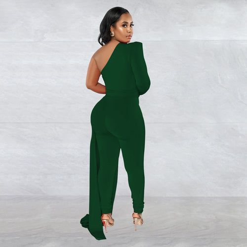 Women Wear Solid Color Shoulder Cloak One Shoulder Long Sleeve Trousers Jumpsuit