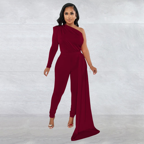 Women Wear Solid Color Shoulder Cloak One Shoulder Long Sleeve Trousers Jumpsuit