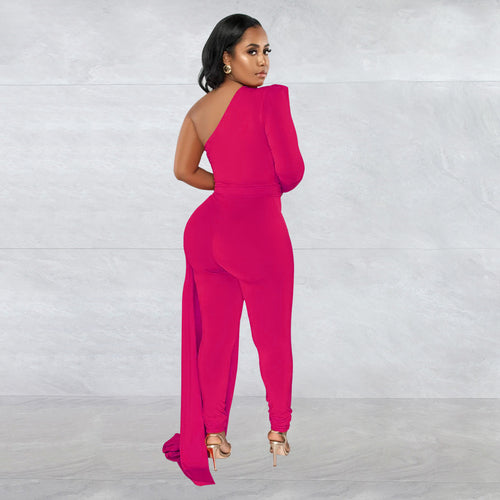 Women Wear Solid Color Shoulder Cloak One Shoulder Long Sleeve Trousers Jumpsuit