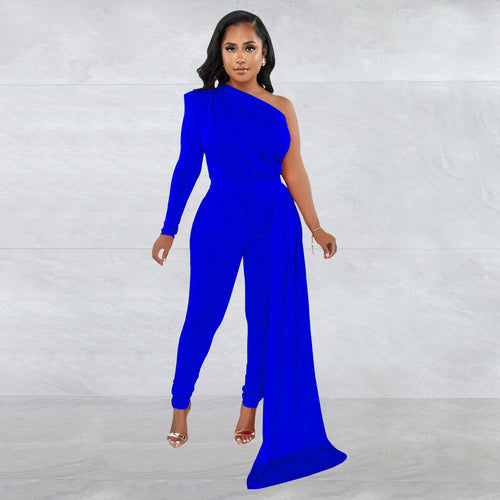 Women Wear Solid Color Shoulder Cloak One Shoulder Long Sleeve Trousers Jumpsuit