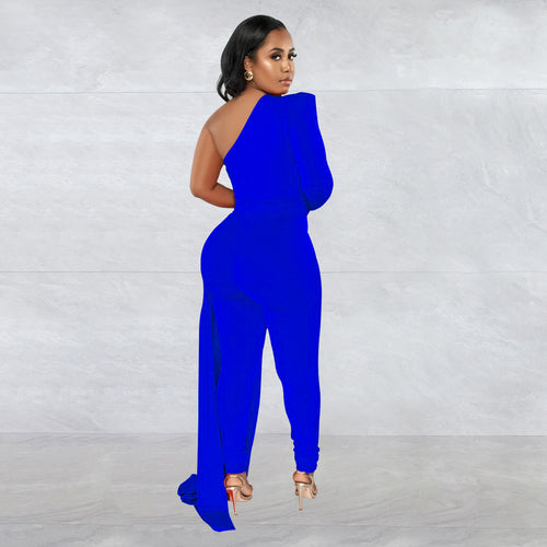 Women Wear Solid Color Shoulder Cloak One Shoulder Long Sleeve Trousers Jumpsuit