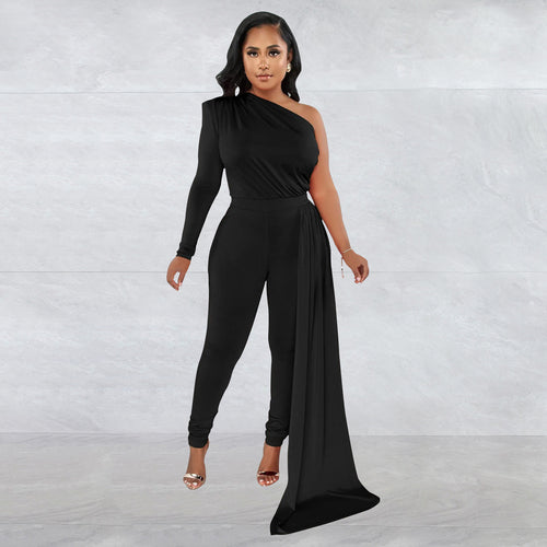 Women Wear Solid Color Shoulder Cloak One Shoulder Long Sleeve Trousers Jumpsuit