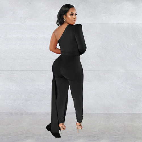 Women Wear Solid Color Shoulder Cloak One Shoulder Long Sleeve Trousers Jumpsuit