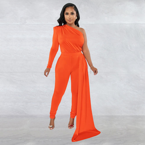 Women Wear Solid Color Shoulder Cloak One Shoulder Long Sleeve Trousers Jumpsuit